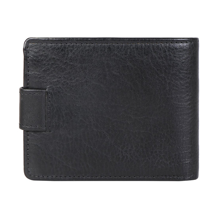 Black leather wallet from Hidesign with a textured finish, compact design and strap closure details.