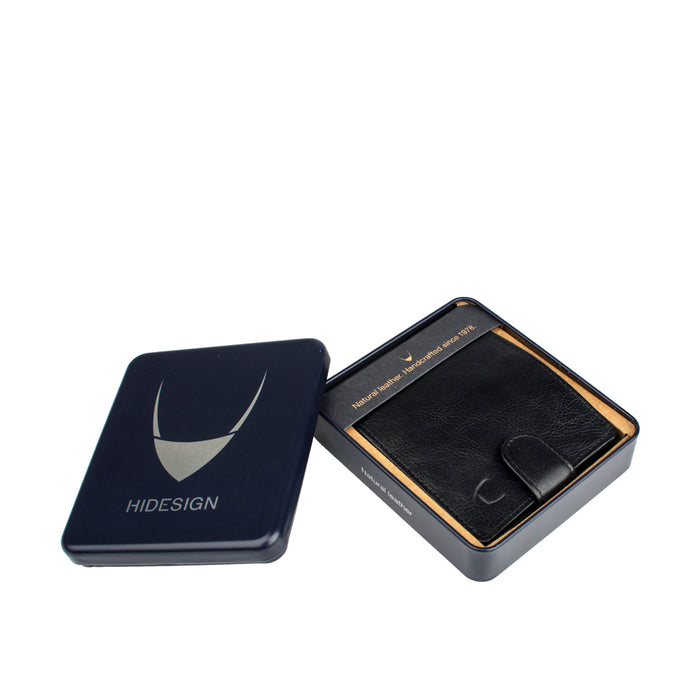 Black bi-ranch fold leather wallet by Hidesign, presented in branded gift box packaging for men.