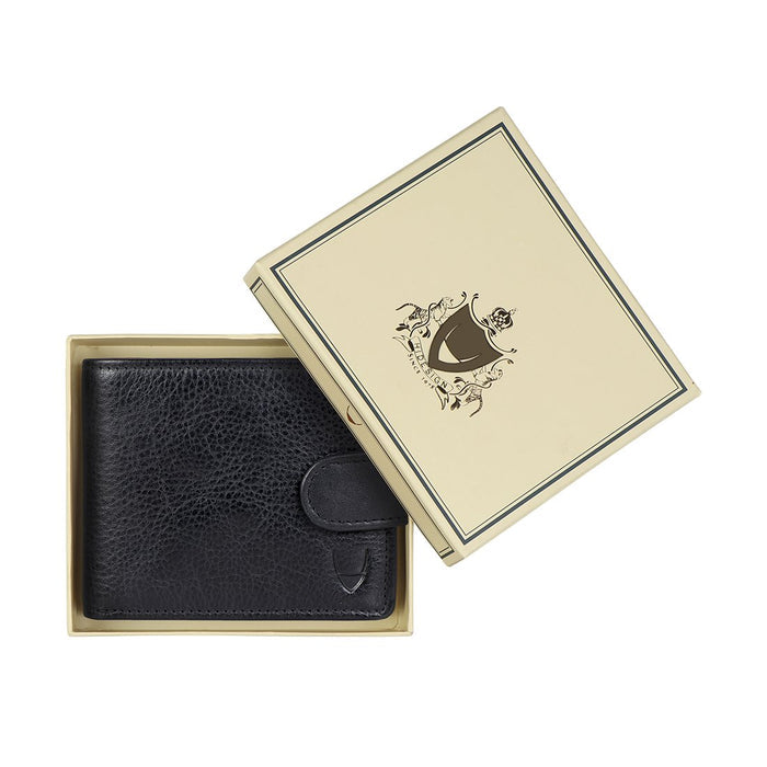 A black leather Hidesign wallet presented in a premium beige gift box with embossed logo on the lid.