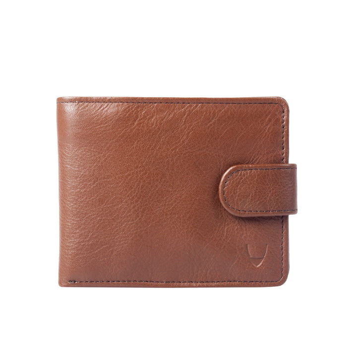 Closed brown leather Hidesign wallet with a smooth texture, stitched edges, & secure strap closure.