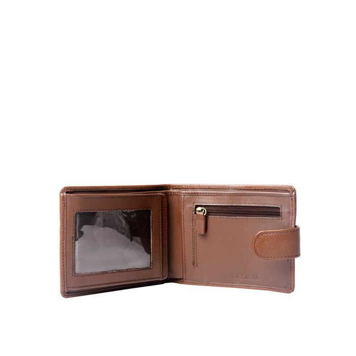 Brown leather Hidesign wallet with a transparent ID slot, zipper pocket, card sections & flap strap.