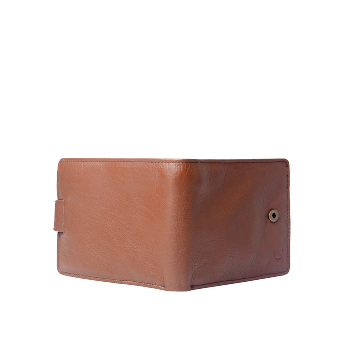 A brown leather Hidesign wallet: partially opened, smooth texture, snap detail and white background.