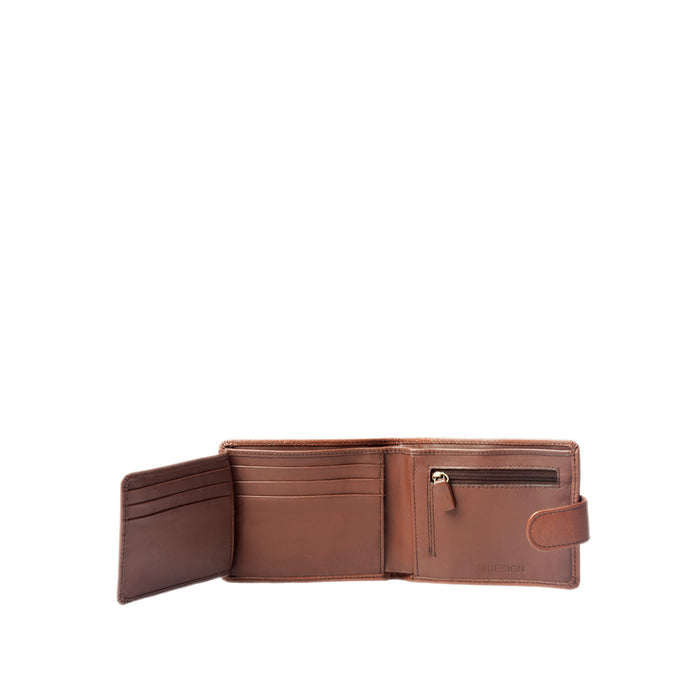 Open brown leather Hidesign wallet showing multiple card slots, a zipper coin pocket & a flap strap.