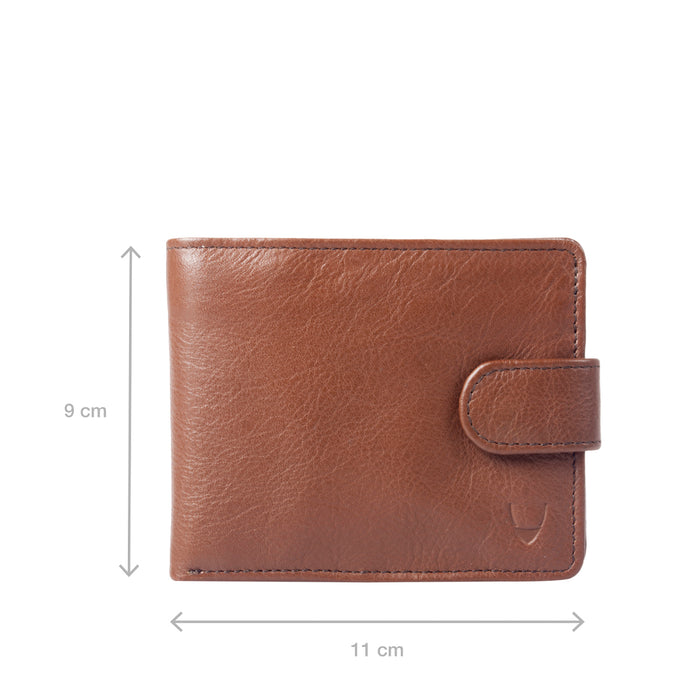 A brown leather Hidesign wallet with a strap closure, displayed with size dimensions for reference.