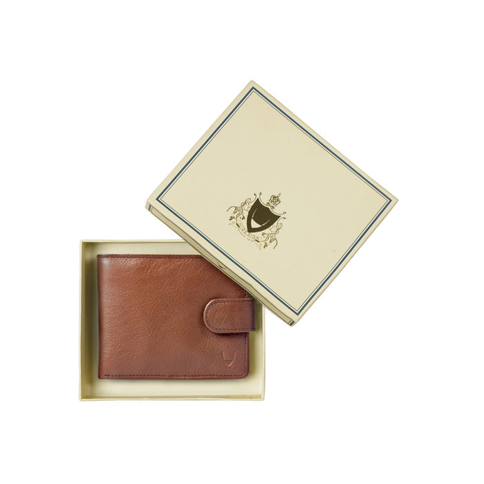 A brown leather Hidesign men's wallet, placed in an elegant gift box packaging for premium display.