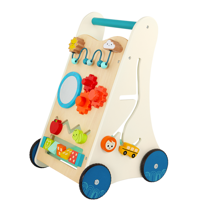 Wooden toddler activity walker with storage