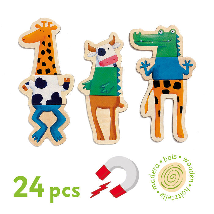 Djeco - 24 piece Wooden Magnetic Crazy Animals Set