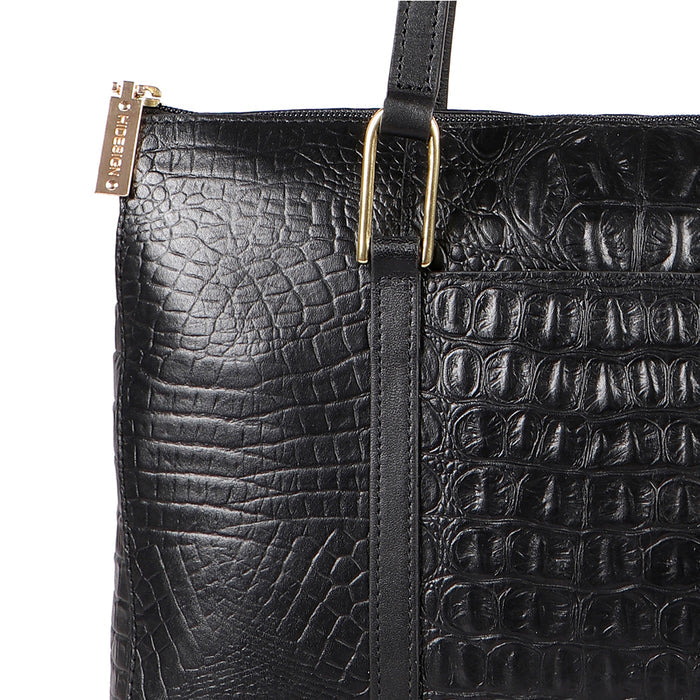 Ee Fuschia 02 Black Leather Tote Bag