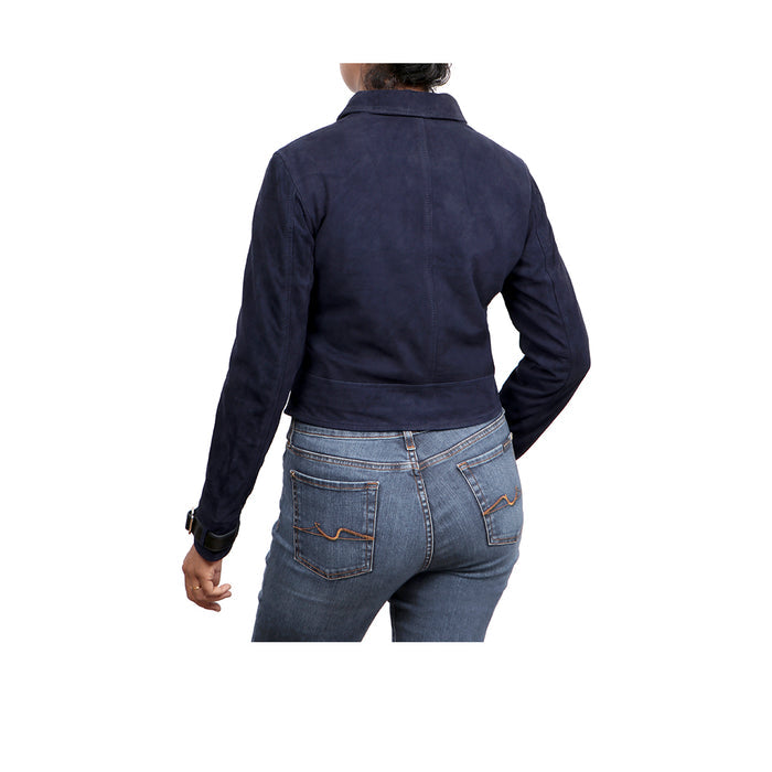 Gal Women's Blue Cropped Bomber Style Leather Jacket
