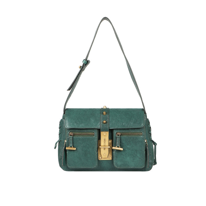 Guevara 02 women’s green leather shoulder bag from Hidesign with front pockets & gold buckle detail.