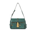 Guevara 02 women’s green leather shoulder bag from Hidesign with front pockets & gold buckle detail.