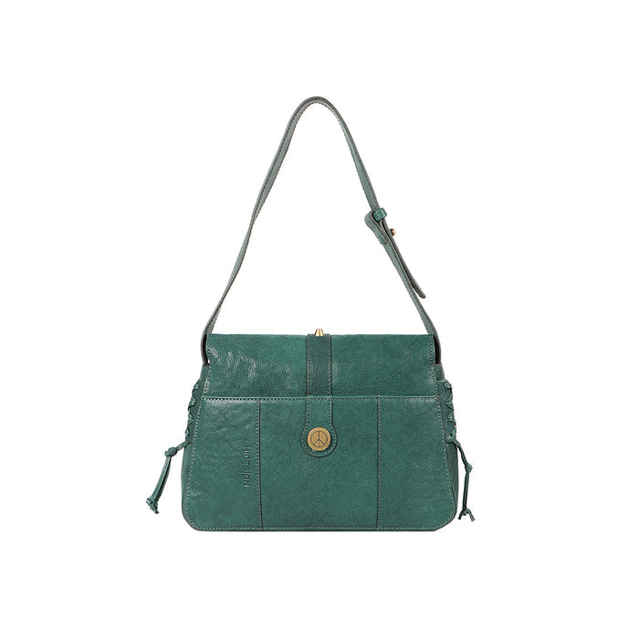Back view of Hidesign's green leather shoulder bag with peace emblem, stitch detailing, & side ties.
