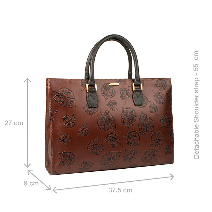 Brown leather laptop bag with leaf embossing, black handles, 37.5x27x9 cm, 55 cm shoulder strap.