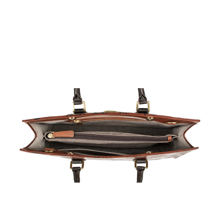 Top view of Hidesign Kester women's brown laptop bag showing spacious interior with zipper section.