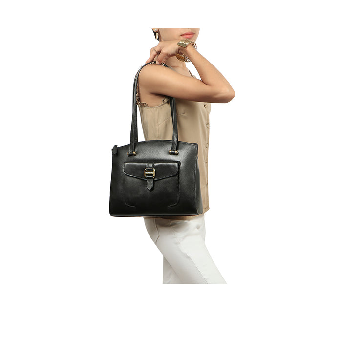 Lotus 02 Sb Black Leather Tote Bag