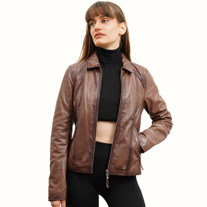 Luna 02 Women's Tan Racer Style Leather Jacket