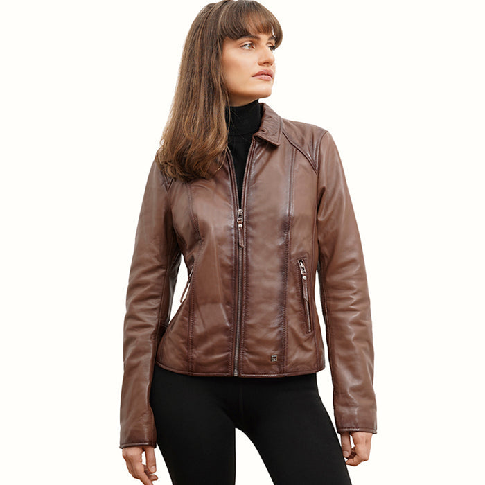 Luna 02 Women's Tan Racer Style Leather Jacket
