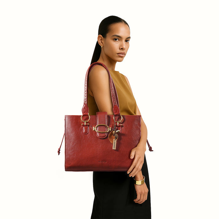Moon 04 Red Leather Tote Bag