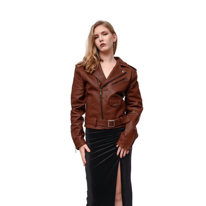 Moto 01 Women's Brown Moto Style Leather Jacket