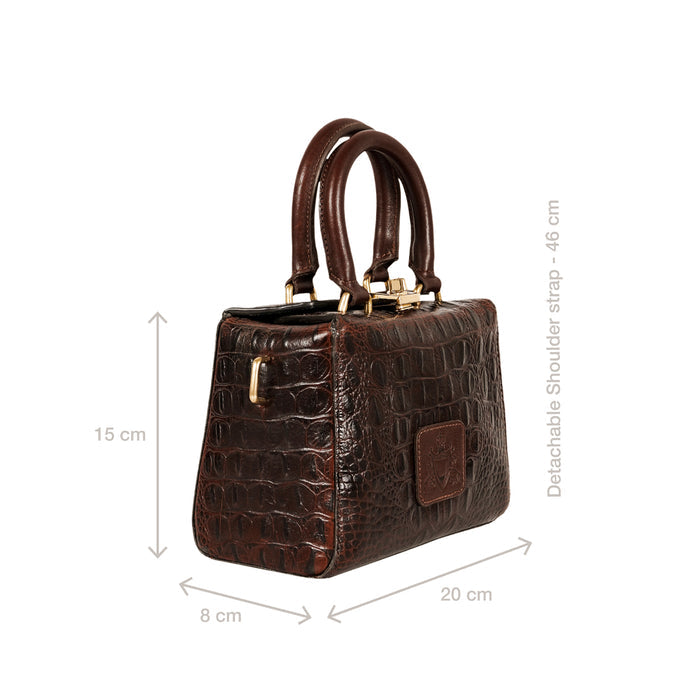 Side view of Hidesign Ritz 01 brown sling bag with croc texture and 46 cm detachable shoulder strap.