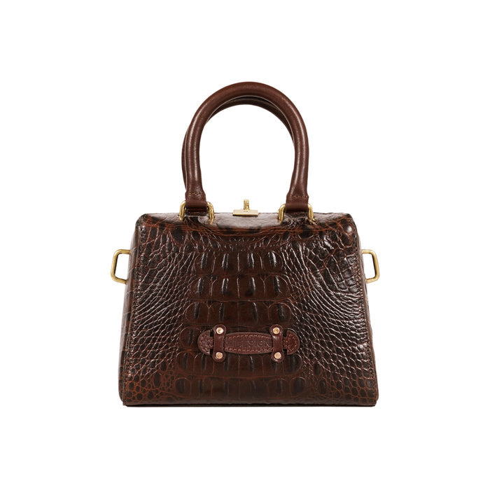 Back view of Hidesign Ritz 01 women’s brown sling bag with crocodile texture and gold hardware.