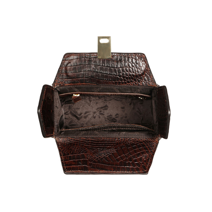 Interior view of Hidesign Ritz 01 brown sling bag showing spacious compartment and zipper pocket.