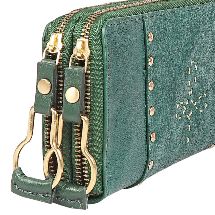 Wild Rose W2 Green Leather Double Zip Around Wallet