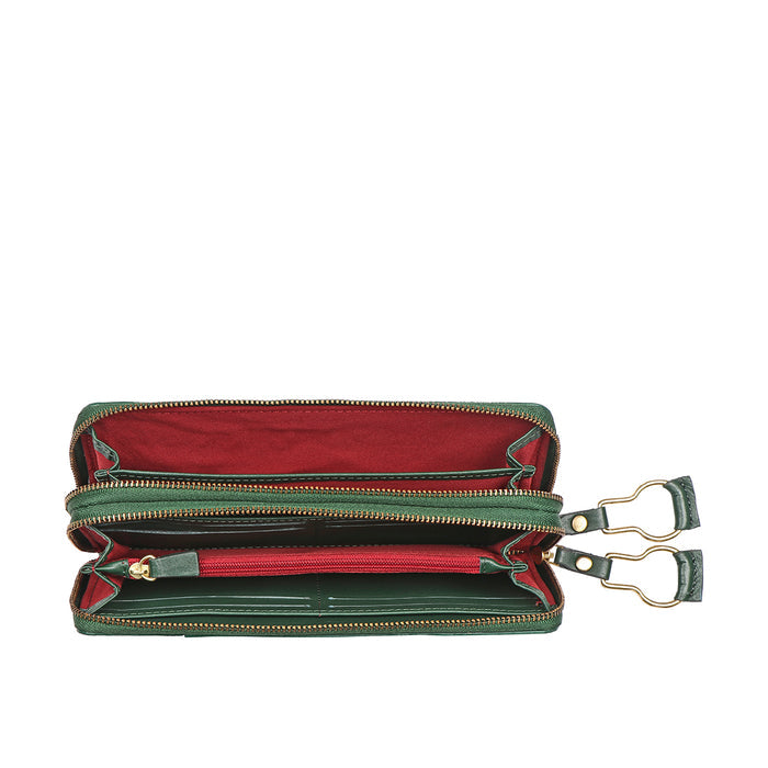 Wild Rose W2 Green Leather Double Zip Around Wallet