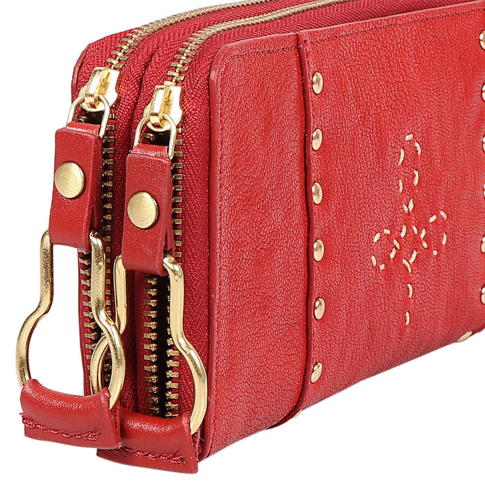 Wild Rose W2 Red Leather Double Zip Around Wallet