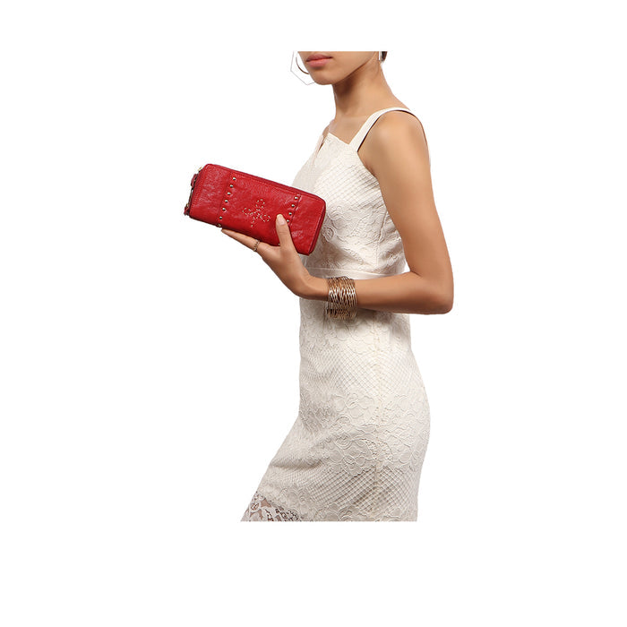 Wild Rose W2 Red Leather Double Zip Around Wallet